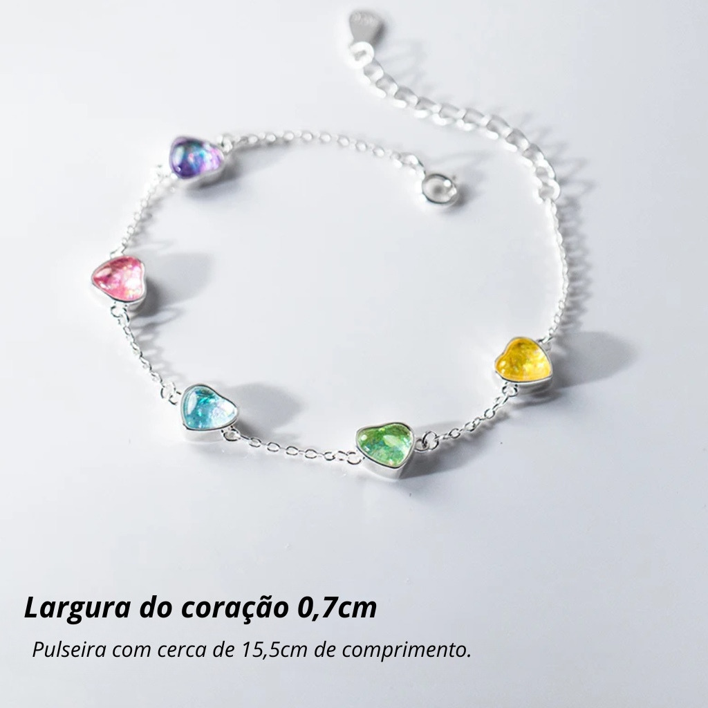 Pulseira Prata Coração Colorido Modelo Bia